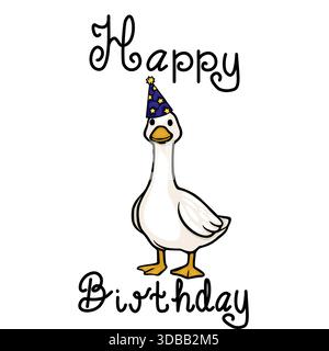 Charmante Vektor-Illustration einer weißen Gans, die einen blauen Partyhut mit gelben Sternen trägt und einen Geburtstag mit stilvollem handgeschriebenem Text feiert. Stock Vektor
