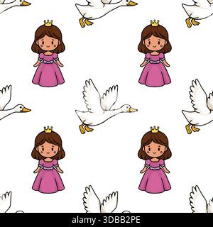Nahtloses Vektormuster mit einer kawaii Prinzessin in einem rosa Kleid und einer fliegenden Gans, perfekt für bezaubernde Kindermotive. Stock Vektor