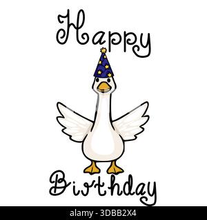 Skurrile Vektor-Illustration einer glücklichen Gans, die einen Sternenhut trägt, mit „Happy Birthday“-Text in einem verspielten Skript. Stock Vektor