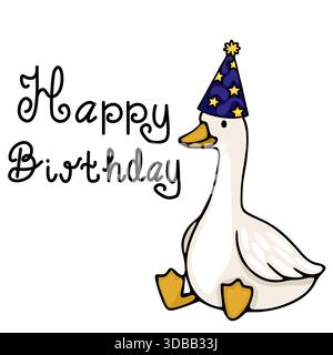 Skurrile Vektor-Illustration einer niedlichen Gans, die einen sternenklaren Geburtstagshut trägt, mit „Happy Birthday“ handgeschriebenem Text. Stock Vektor