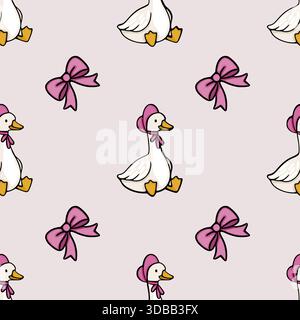 Bezauberndes nahtloses Vektormuster mit niedlichen Cartoon-Gänsen, die rosa Hauben und Bögen auf einem weichen Pastellhintergrund tragen. Stock Vektor