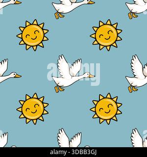 Fröhliche weiße Gänse fliegen über einen ruhigen blauen Himmel mit lächelnden Sonnen, ein entzückendes nahtloses Vektormuster für skurrile Designs. Stock Vektor