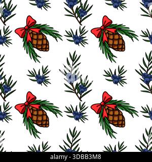Ein herrliches nahtloses Vektormuster mit Tannenzapfen mit roten Bögen und Zweigen von wacholderbeeren, perfekt für festliche Hintergründe. Stock Vektor