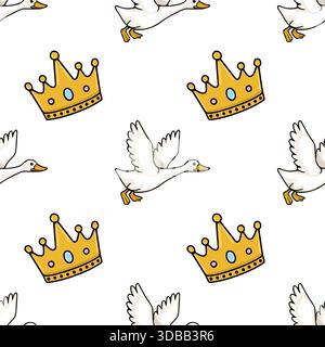 Ein bezauberndes Vektormuster mit weißen Gänsen im Flug und goldenen Kronen mit blauen und rosa Edelsteinen, vor einem sauberen weißen Hintergrund. Stock Vektor