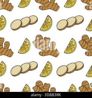Nahtloses Vektormuster mit handgezeichneten Illustrationen von Ingwerwurzeln und Zitronenscheiben auf weißem Hintergrund, perfekt für Food-Motive. Stock Vektor