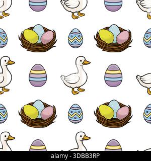 Nahtloses Vektormuster mit entzückenden Cartoon-Gänsen und bunten Ostereiern in Nestern. Stock Vektor