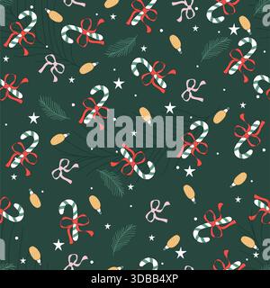 Nahtloses Muster mit weihnachtlichen Bonbons und Bögen für Hintergrund, Tapeten, Textildesign, Stoff, Decke, Decke für Kinder, Karte, Notizbuch. Stock Vektor