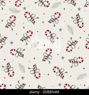 Nahtloses Muster mit weihnachtlichen Bonbons und Bögen für Hintergrund, Tapeten, Textildesign, Stoff, Decke, Decke für Kinder, Karte, Notizbuch. Stock Vektor