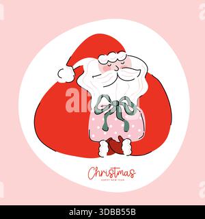 Niedliche Weihnachtsmann-Illustration mit rosa Geschenktüte mit Band, umgeben von Sternen auf grünem Hintergrund, perfekt für Weihnachtskarten, festlich. Stock Vektor