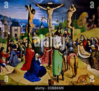 Kruzifixion Christi (Kalvarienberg) Ölgemälde, um 1480, deutsches Spätgotik von Meister der Legende der heiligen Ursula. Im Wallraf-Richartz-Museum, Köln. Spätgotisches Meisterwerk "Kruzifixion Christi (Kalvarienberg)" (Kreuzigung Christi / Kalvarienberg), um 1480 gemalt vom bedeutenden Meister der Legende der heiligen Ursula und seiner Werkstatt. Stockfoto