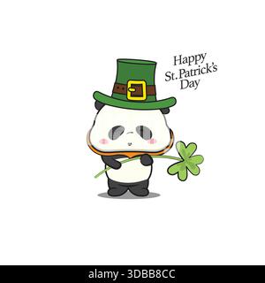 Bezauberndes Cartoon-Panda-Maskottchen zum St. Patrick's Day mit grünem Leprechaun-Hut und einem Kleeblatt. Kawaii Vektor-Stil. Stock Vektor