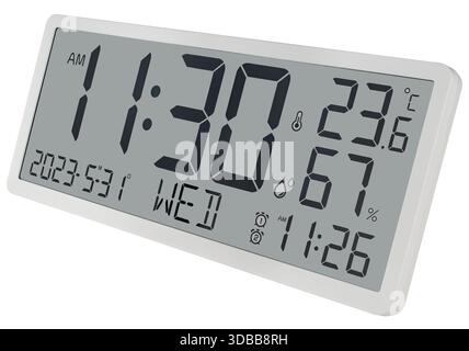 Elegante elektronische Uhr mit Spiegeloberfläche, die Uhrzeit, Temperatur und Wochentag anzeigt. Auf weißem Hintergrund isoliert. Stockfoto