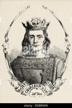 Porträt von Karl IV. Der Messe (1294–1328) König von Frankreich. Antike Illustration von Emile Simon (1805-1886) aus dem historischen und malerischen Atlas, Universal History 1861 Stockfoto
