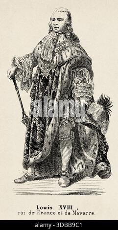 Porträt von Ludwig XVIII. Dem ersehnten (1755–1824) König von Frankreich und Navarra. Antike Illustration von Emile Simon (1805-1886) aus dem historischen und malerischen Atlas, Universal History 1861 Stockfoto
