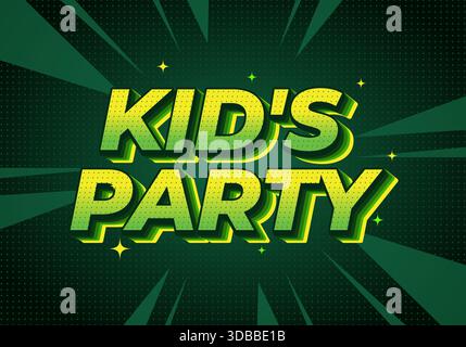 Ein lebendiges Grafikdesign mit dem Text Kids Party in auffälliger, verspielter Typografie in Grün und Gelb vor dunklem Hintergrund Stock Vektor