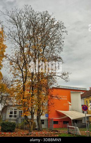 Pforzheim, Deutschland Dezember hoher Herbstbaum mit goldenen Blättern vor einem leuchtend orangefarbenen Gebäude Stockfoto