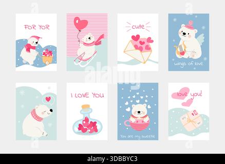 Romantische Karten Eisbär. Valentinstag-Banner mit lustigen weißen Bären. Tier mit Herzen, in Becher, hübscher Brief und Paket, heute Vektorset Stock Vektor