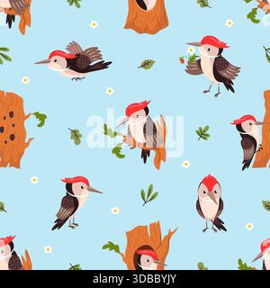 Nahtloses Holzspecht-Muster. Spechte, die auf einem Baum sitzen, hölzerne Äste und fliegen. Lustige Cartoon Waldvögel, heute Vektor-Hintergrund Stock Vektor