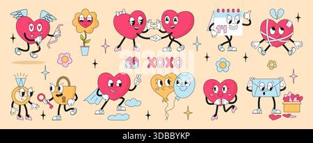 Groovige Charaktere zum Valentinstag. Herzballons Ringe Briefumschlag Kalender und Blume. Lustige romantische Kreaturen, kreative Sticker, neoterisch Stock Vektor