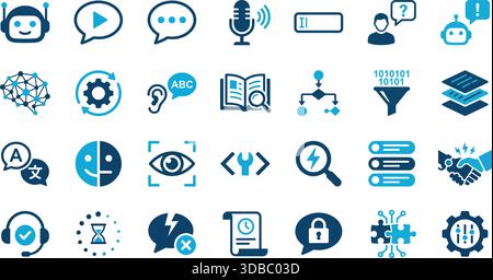 Eine umfassende Sammlung blauer Vektorsymbole, die KI-, ML-, Automatisierungs- und Datenverarbeitungskonzepte darstellen. Nützlich für Präsentationen und Webdesign Stock Vektor