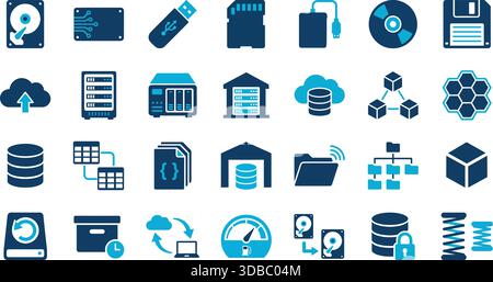 Flache Vektorsymbole für IT-Infrastruktur, Datenspeicher, Netzwerk- und Servergeräte. Ideal für Technologiepräsentationen, Websites und Data Ma Stock Vektor