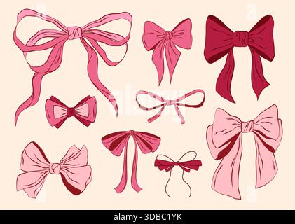 Set handgezeichneter rosafarbener Schleifen Stock Vektor