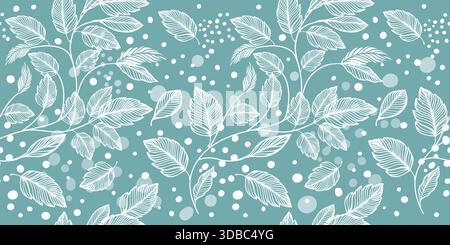 Nahtloses Muster weißer Blätter auf blauem Hintergrund mit Schnee. Handgezeichnet. Nicht AI, Vektordarstellung. Stock Vektor