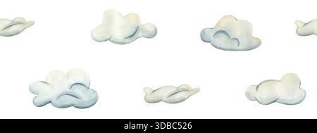 Nahtloser Rand mit Wolken. Kinder handgezeichnete Aquarellillustration niedliche Wolken für Kinder Design. Tapete für Kinderzimmer. Vorlage in kindisch Stockfoto