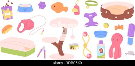 Heimtierprodukte. Haustierzubehör, Plüschtiere und Gummispielzeug. Leine, Gurtzeug, weiches Bett, Reisewasserflasche und Schüssel. Futter für Katzen und Hunde, Rache Stock Vektor