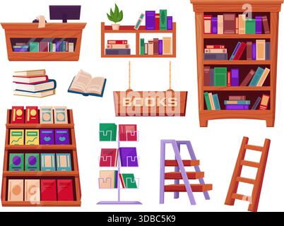 Buchhandlung Möbel. Kassenschalter, hölzerne Schilder, Bücherregale. Metallständer für Magazin, Holzleitern, Buchstapel. Bibliothek heutzutage Vektor Stock Vektor