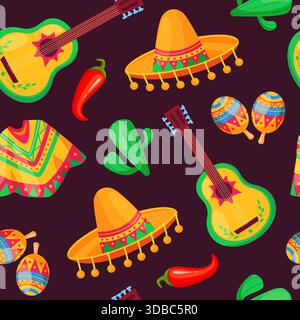 Nahtloses Muster im mexikanischen Stil. Cartoon Sombrero, Gitarre, Kakteen, Chilischoten und Poncho. Helle traditionelle Elemente, Tapetenmuster aus Stoff Stock Vektor