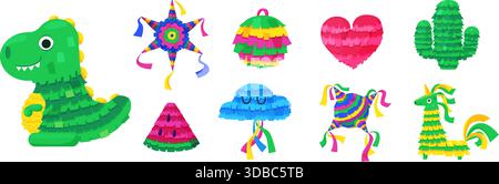 Mexikanische Pinatas. Heller Pinata Dinosaurier, Herz, Wolke, Lama. Kinderspielzeug mit Leckereien und Konfetti im Inneren. karnevalsfest Stock Vektor