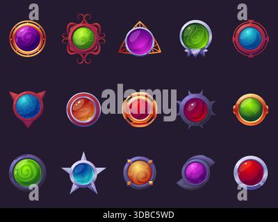 Runde Spielknöpfe für Zeichentrickfilme. UI ux-Schnittstellenelemente. Magie Halbkugeln Edelsteine Amulette in verschiedenen hölzernen Metallsteinrahmen, heute Vektorset Stock Vektor