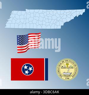 Tennessee US Bundesstaat schwenkt Flagge, Siegel und Karte, Vereinigte Staaten, Vektor-Illustration Stock Vektor