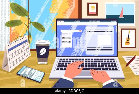 Laptop-Schreibtisch. Hände, die auf Computertastatur im Heimbüro-Arbeitsplatz, Business Working Freelancer Schreibtisch Notebook pc Bildschirm auf Tisch Raum Innenraum klassisch Vektor Illustration Original Artwork Stock Vektor