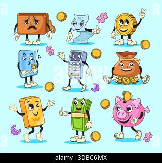 Comic Finance Maskottchen. Geld Retro groovy Zeichen, Gold Bar Münze Gesicht Schweinchen Bank Glas Vintage 30er Jahre Maskottchen Kredit Investition sparen Kritzelfiguren, ordentliche Vektor Illustration Original Artwork Stock Vektor
