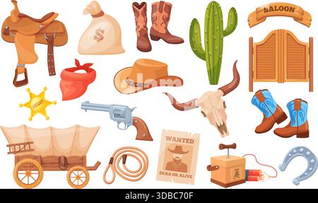 Westliche Cartoon-Elemente. Wild West Set, Cowboy Hut Stiefel Bar Holztür Sattel für Pferd Sheriff Abzeichen texas Ranch Rodeo mexikanisches Land Kakteen Schädel, ordentliche Vektor Illustration Original Kunstwerk Stock Vektor