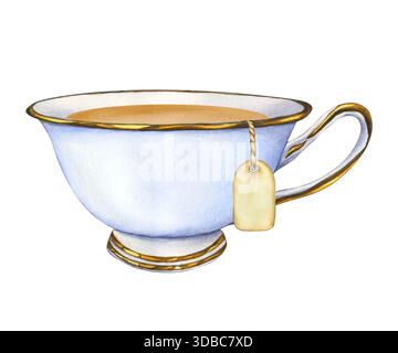 Porzellan Tasse Tee mit Teebeutel. Aquarellillustration von Tee in blauer antiker Tasse isoliert auf weißem Hintergrund. Vintage-Becher für den englischen Nachmittag Stockfoto