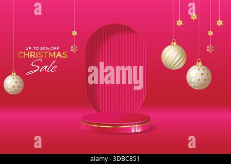 Weihnachtsangebot Poster Clipart-Design mit Podium. Weihnachtsangebot Sonderangebot Einkaufsrabatt ClipArt mit rosa Podium Stock Vektor