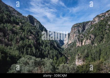 Blick vom Chouwan Lake Trail im Jabal Moussa Biosphärenreservat an den Hängen des Mount Lebanon im Keserwan District im Libanon Stockfoto