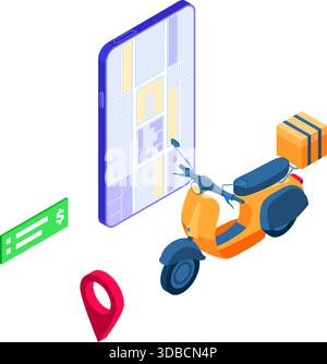 Schnelle und kostenlose Online-Bestellung von Speisen und Paketzustellung. Fast Food-Versand. Isometrischer Roller. Lieferung mit Moped. Bewertung und Nachverfolgung online o Stock Vektor