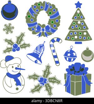 Setzen Sie Weihnachtssymbole in flachem Stil und Vintage-Farben mit Baum, Schneemann, Süßigkeiten, Schneeflocke, Vektor Stock Vektor
