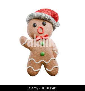 Lebkuchenmann singt mit Weihnachtsmütze 3D-Rendering-Illustration isoliert auf weißem Hintergrund Stockfoto