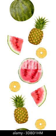 Vertikale tropische Wassermelone Ananasrand geschnittene lebendige Sommer Energie handbemalte Wassermelonen und Ananasringe saftig rote Innenräume Grüne Rinden sonnendurchflutete Textur verspielte, handgezeichnete Aquarelllinie nahtlose Linie. Stockfoto