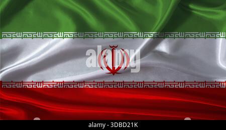 Nationalflagge des Iran mit Stoffstruktur. Iranische Flagge mit realistischem Texturhintergrund Stockfoto