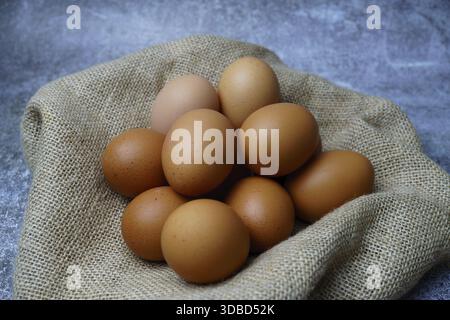 Frische braune Eier, die in einem Sackleinen-Korb gesammelt werden, heben biologische, hoffrische Lebensmittel und gesunde Ernährungskonzepte hervor Stockfoto