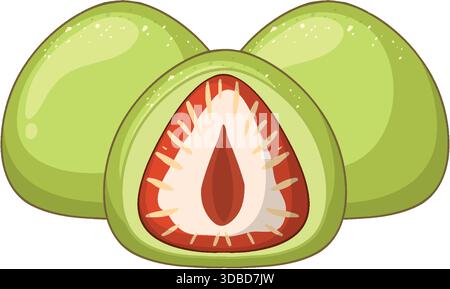 Drei grüne Mochi, ein aufgeschnittener Schnitt mit Erdbeerfüllung, sauberer Vektorstil, weiche Highlights Stock Vektor