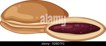 Vektor-Illustration von Dorayaki Pfannkuchen, Querschnitt, der die Füllung der süßen roten Bohnenpaste zeigt Stock Vektor