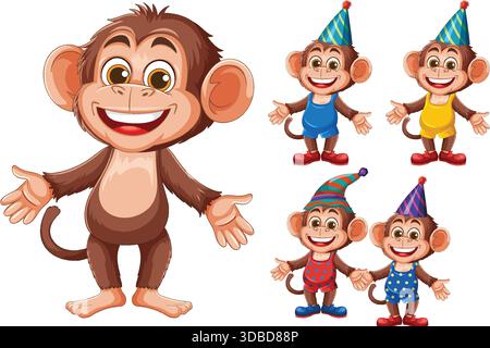 Vektor-Illustration eines fröhlichen Zeichentrickaffen mit vier Variationen in bunten Partyhüten und Outfits, mit hellen Farben und klaren Umrissen Stock Vektor