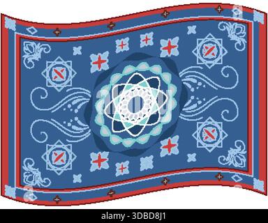 Vektorillustration des blauen nahöstlichen Teppichs mit geometrischen Formen, Blumenmotiven und welligen Grenzen Stock Vektor